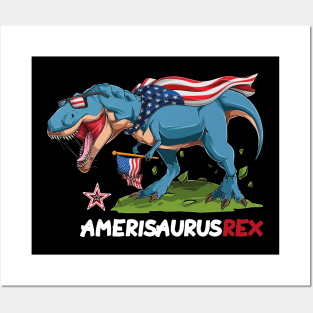 4th of July Dinosaur  Kids Boys Men Amerisaurus T Rex Posters and Art